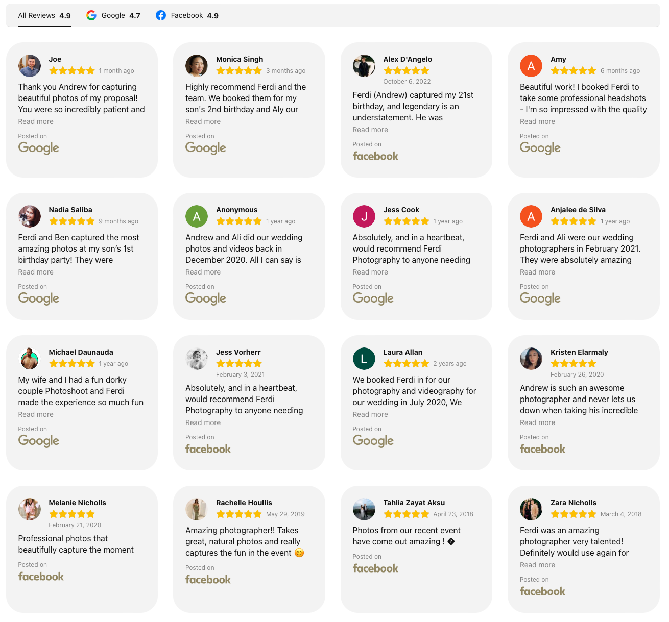 Grid layout showing multiple 5-star customer reviews and testimonials for photography services.