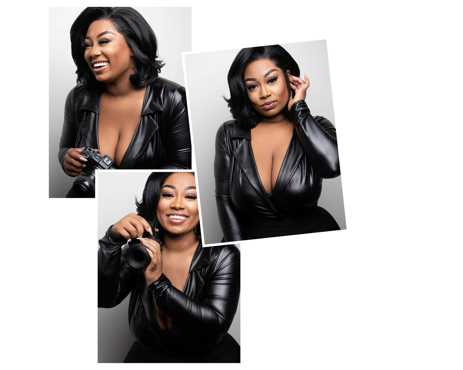 Professional beauty portraits featuring dramatic lighting and black leather jacket styling.