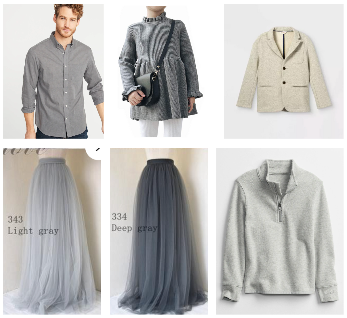 Grey and neutral clothing collection featuring blazers, button-downs and tulle skirts.