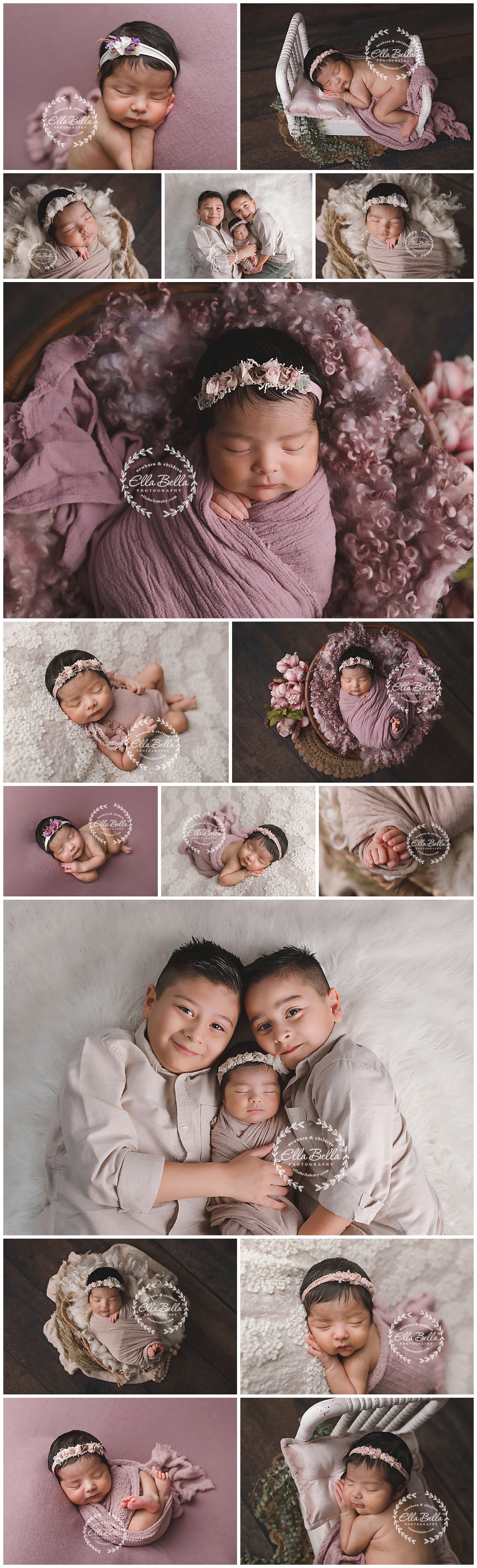 Professional newborn photo collage featuring baby in pink wraps and various posed setups.