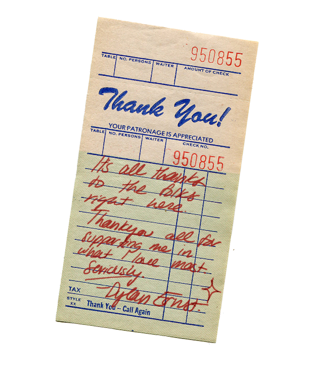 Vintage thank you receipt with handwritten red text and numbered sequence.