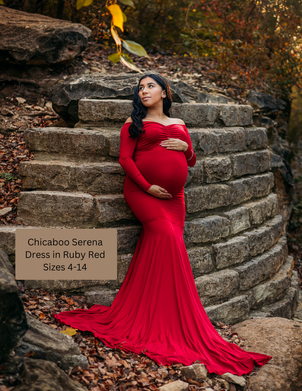 Chicaboo red ruby maternity gown with stone brick background