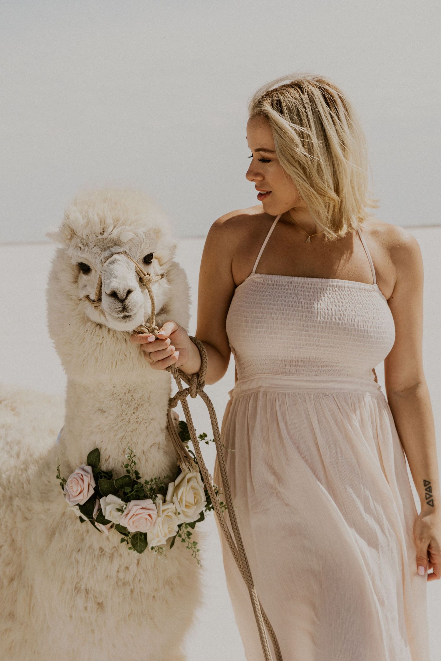 Woman in pink maxi dress looking at a white alpaca in a floral necklace, looking at the camera at Bonneville Salt Flats