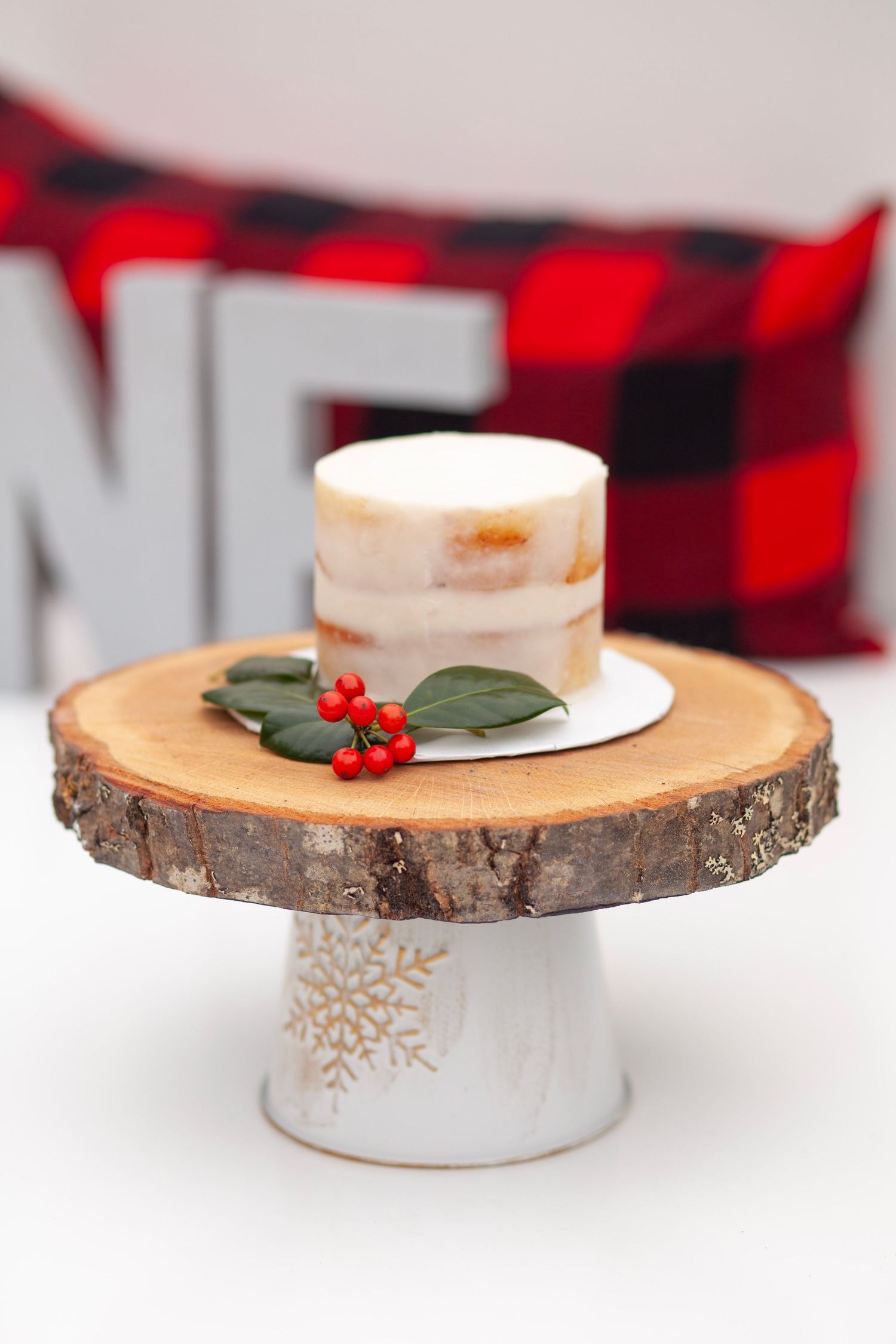 A log slice with a frosted small white winter cake smash cake.
