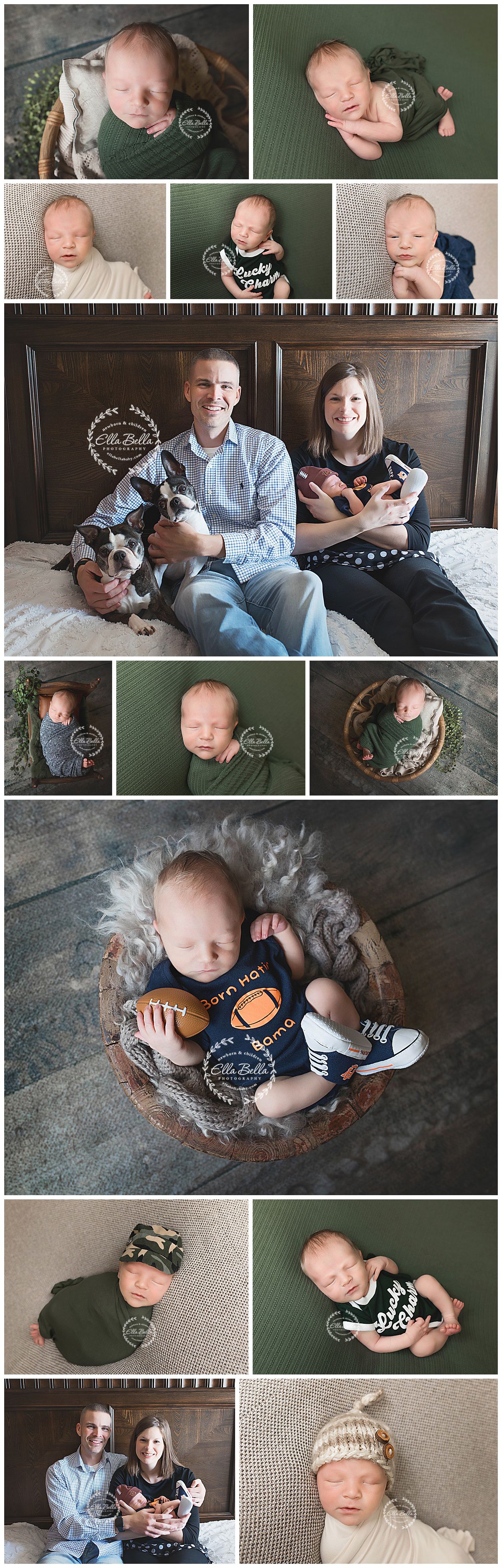 Newborn photo collection featuring sports theme and family portraits in green and neutral tones.