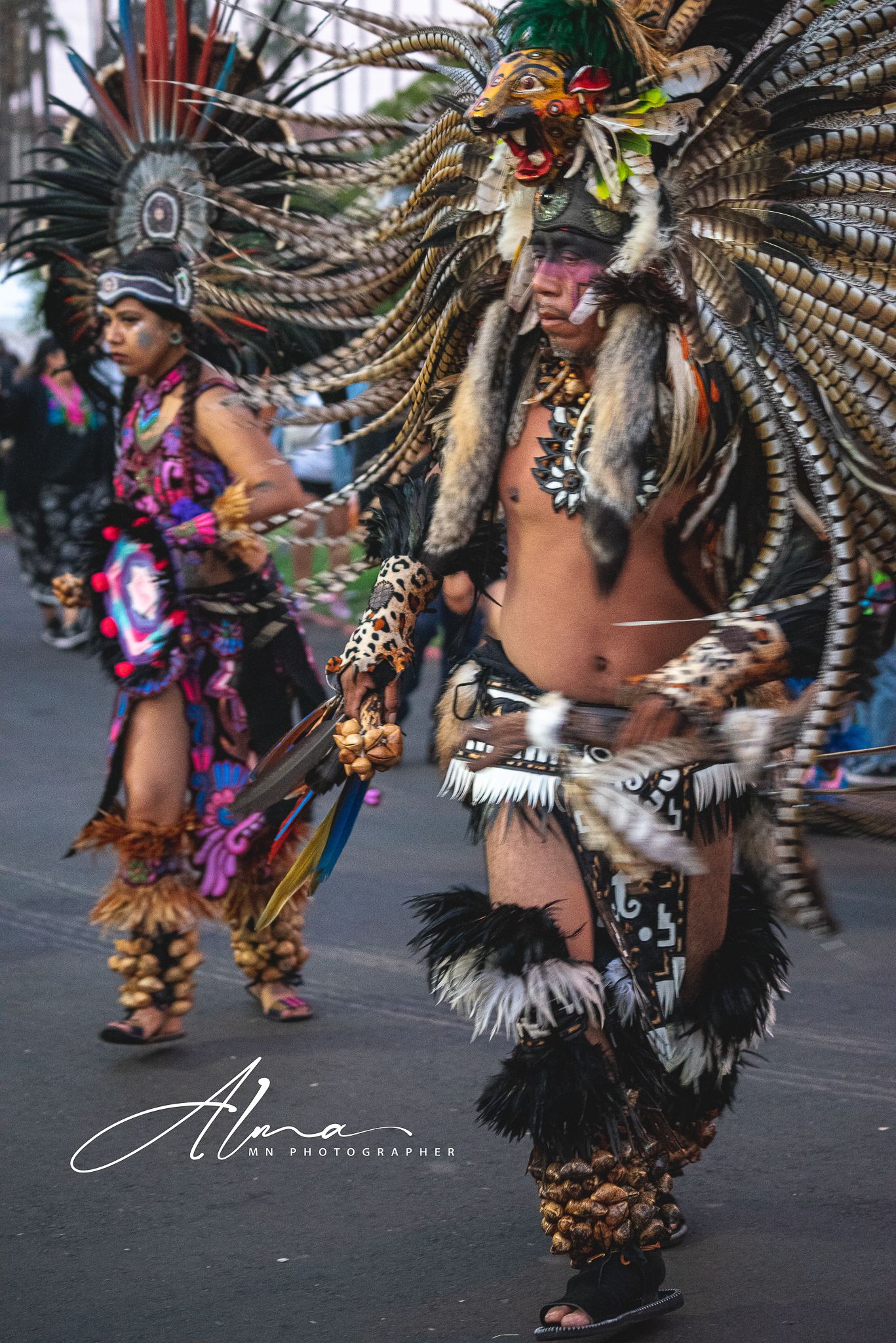 Aztec dancers perform in elaborate feathered headdresses and traditional ceremonial costumes.