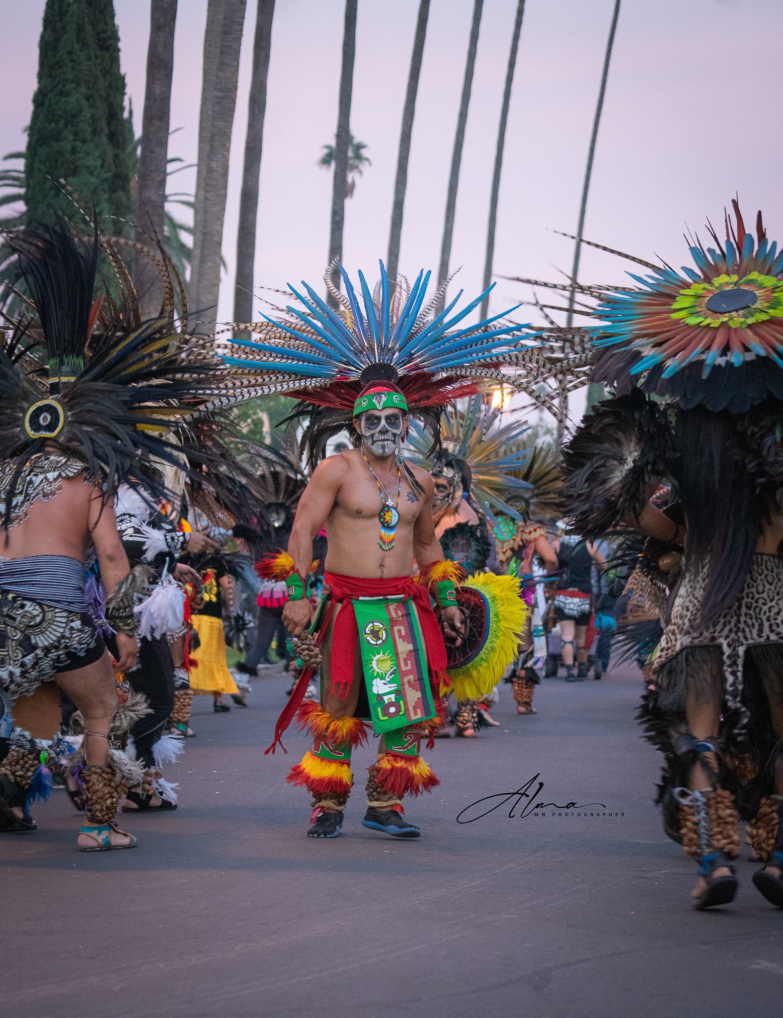 Traditional dancers in vibrant feathered headdresses perform at dusk among palm trees.