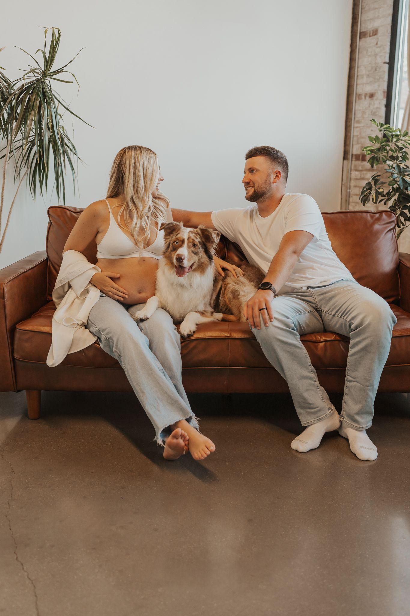 Michigan couple relaxes on brown leather couch with their Australian Shepherd while showing pregnancy bump.