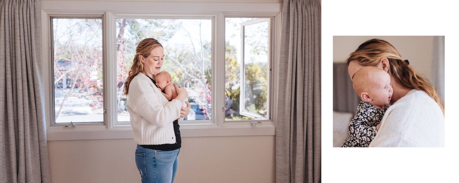 Natural light streams through windows as family shares tender moments at home.