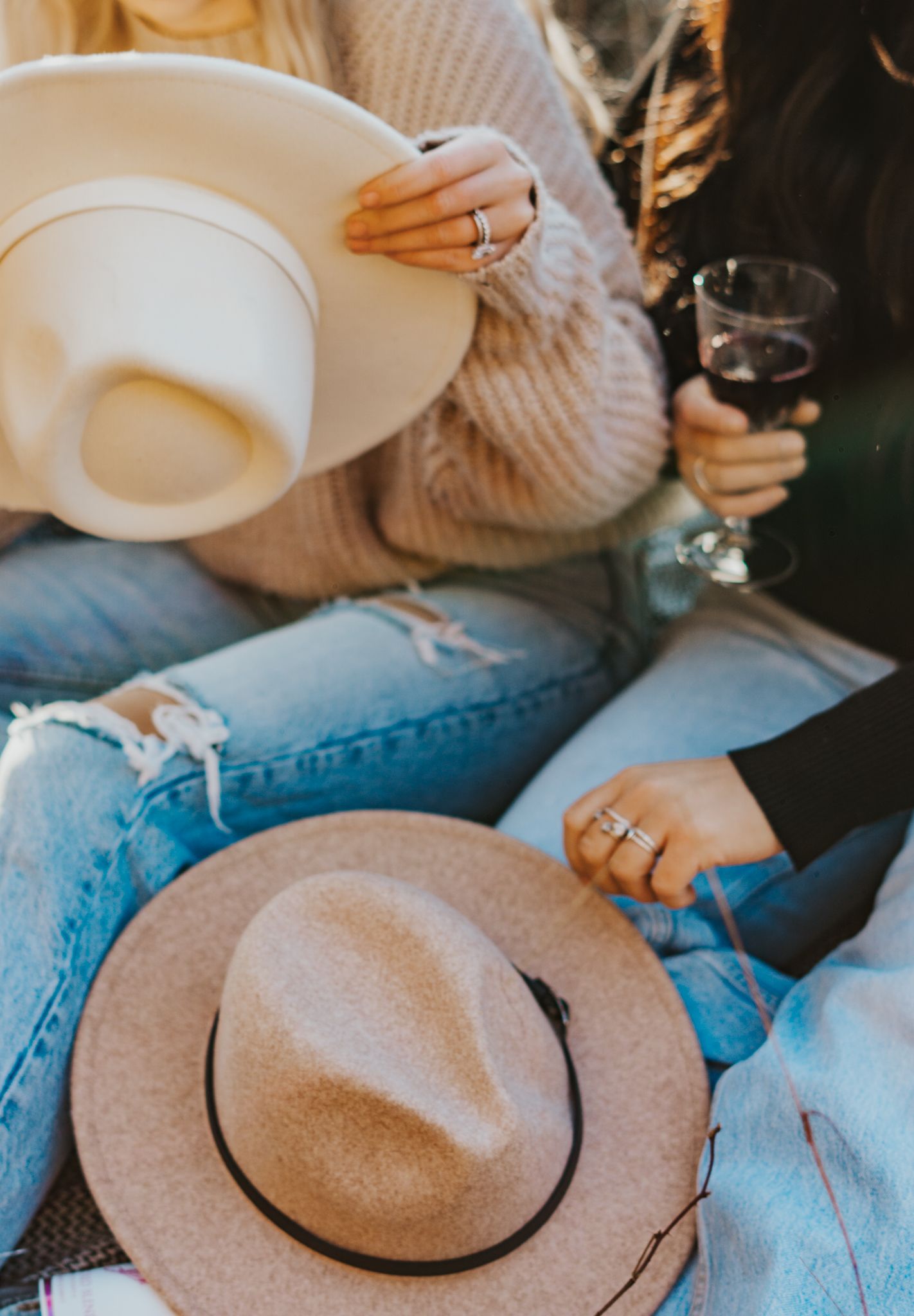 Casual gathering with felt hats and wine glasses on a rustic outdoor picnic.