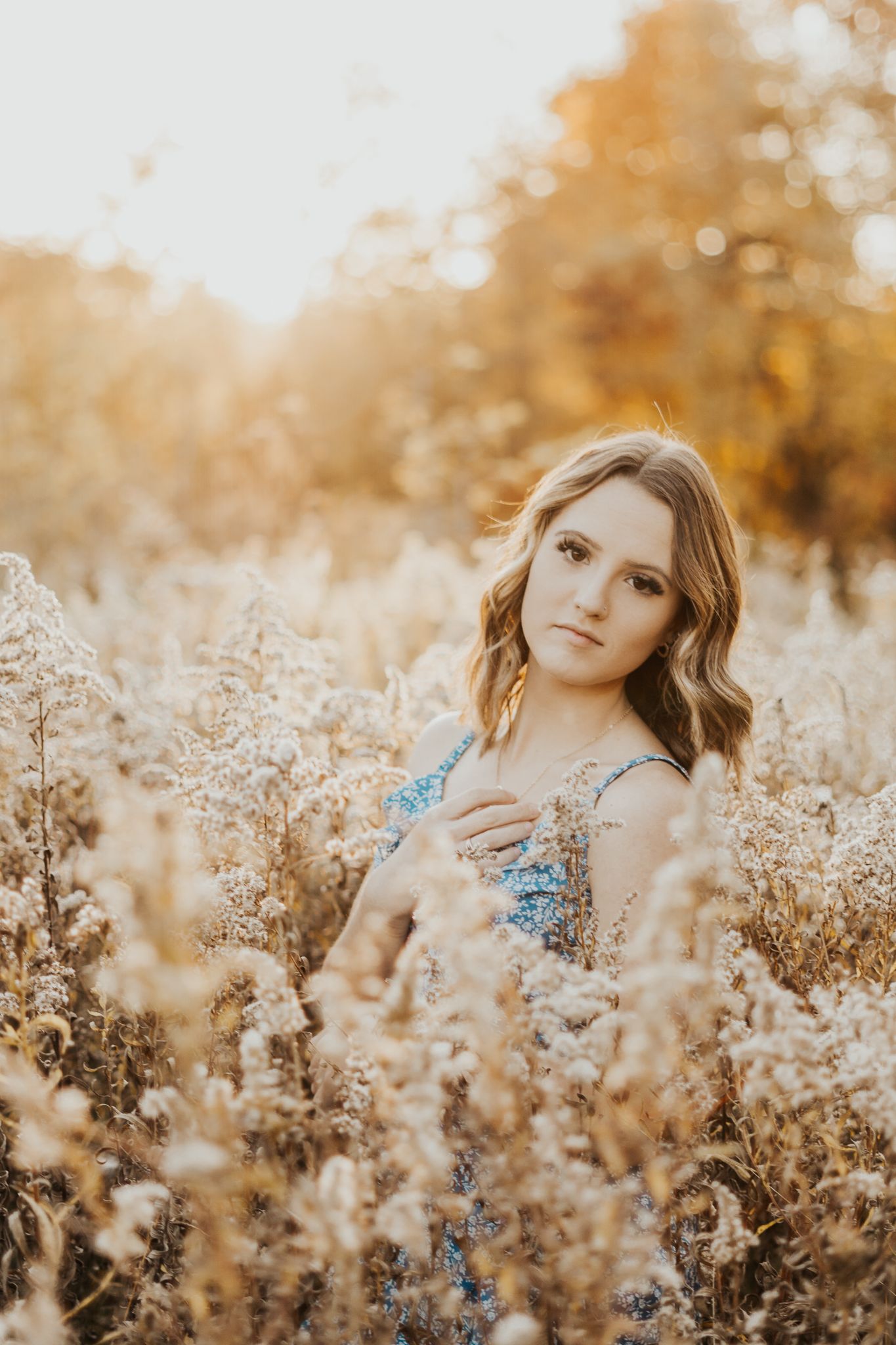 Senior photograph in floral dress poses among tall dried grasses during Michigan golden hour sunset.