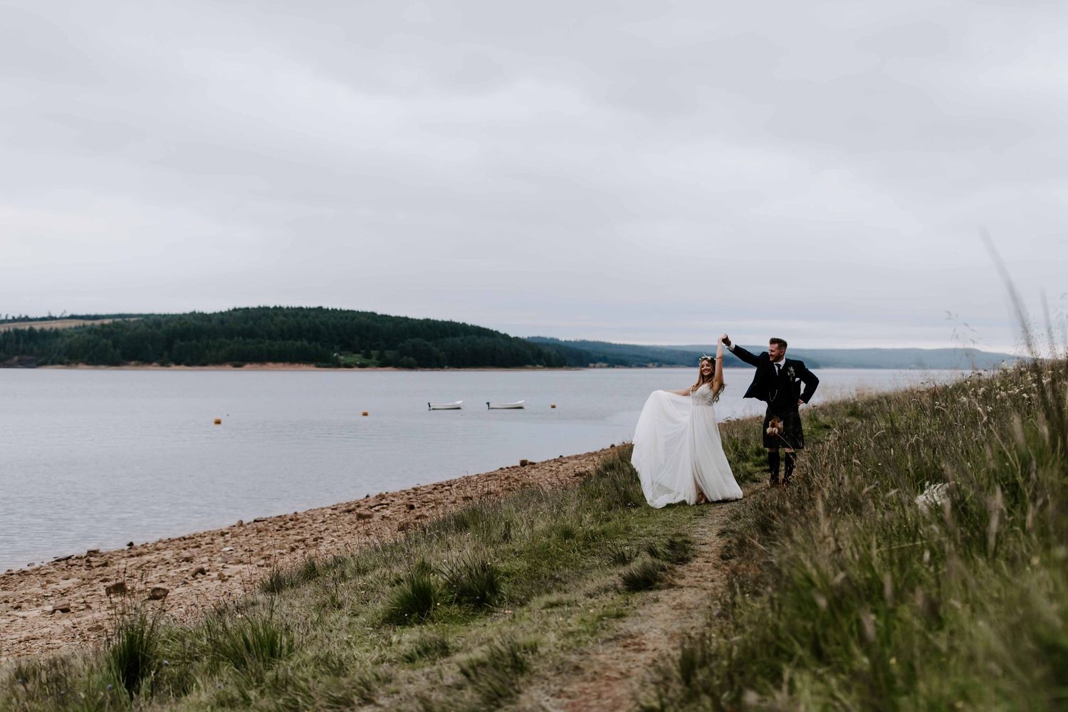 Kielder Water, Northumberland, Scottish wedding with kilts, by the lake
