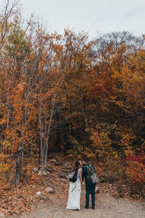 Couple walking through autumn forest with golden leaves and mountain backdrop.