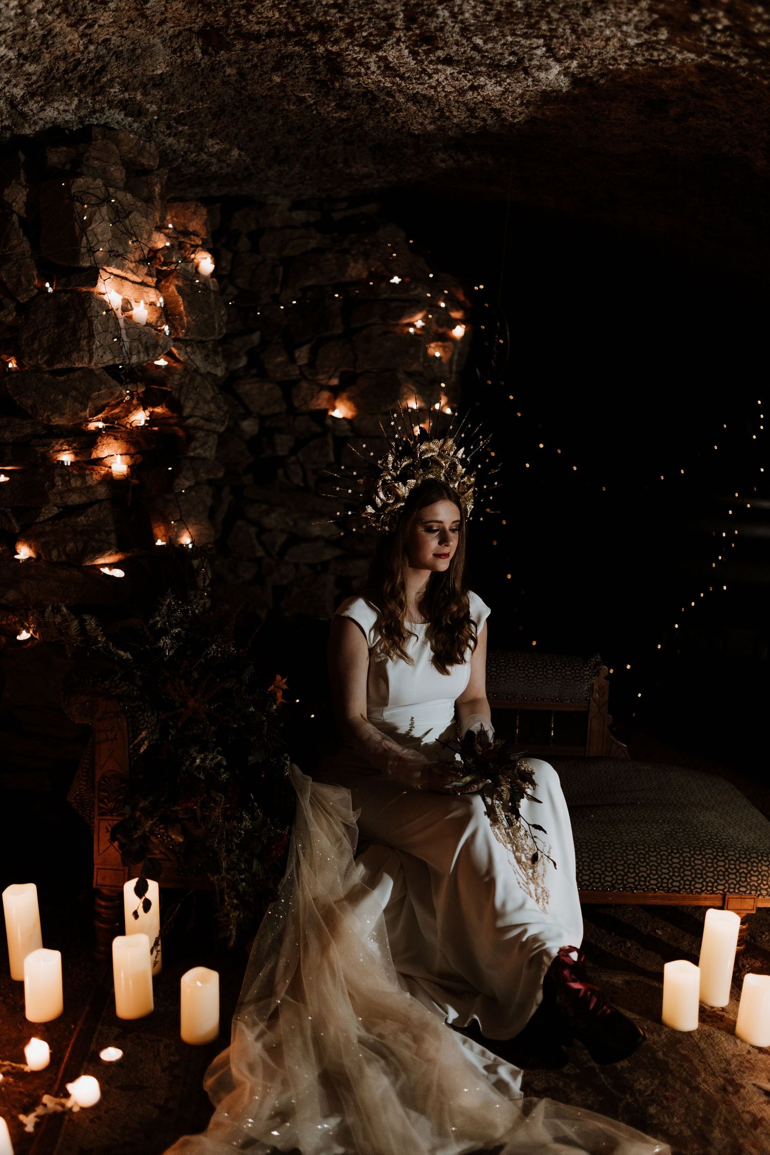 Celestial wedding with candles in cave taken by alternative welsh wedding photographer