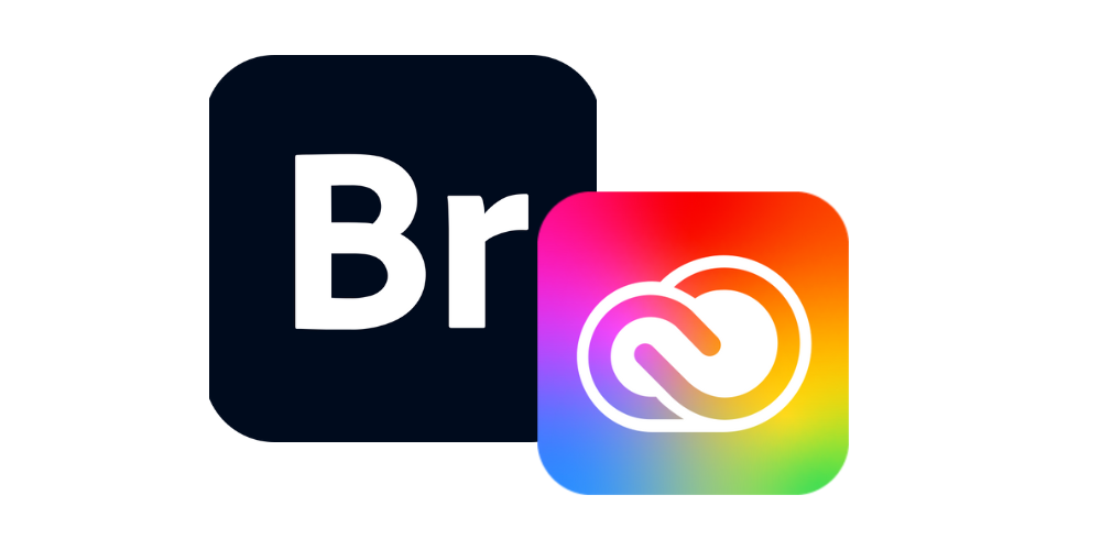 Adobe Bridge and Creative Cloud icons featuring white 'Br' text on dark background with rainbow cloud.