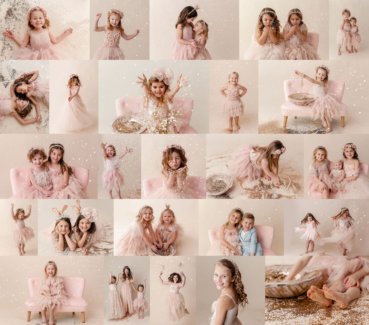 lots of little girls in pink princess dresses and tiaras playing with glitter