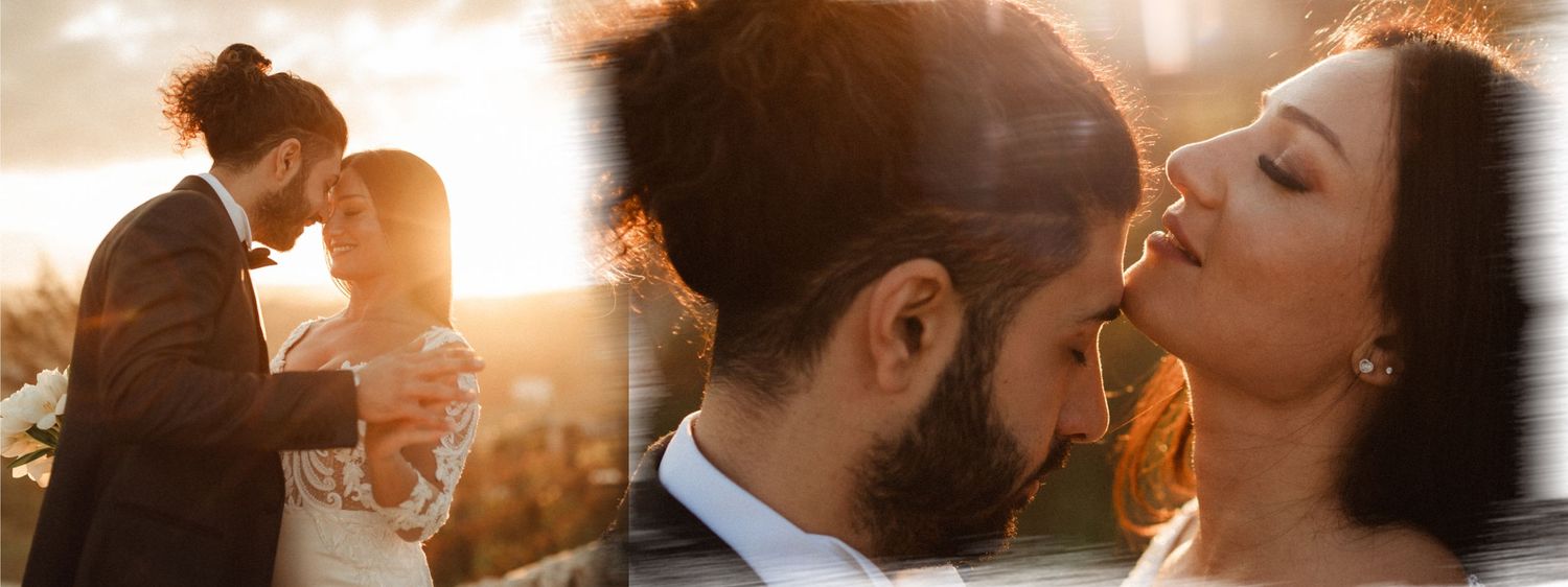 Romantic sunset wedding photography session captured in warm golden light.