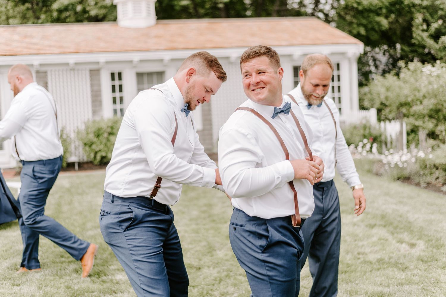 Candid shots of wedding party members laughing and having fun outdoors.
