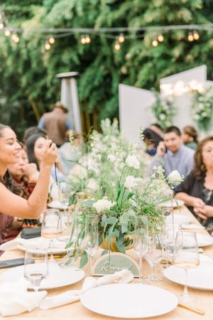 Wedding at The Brothers Ranch, Las Lomas, CA. Green and Ivory reception tablescape. Wedding Reception