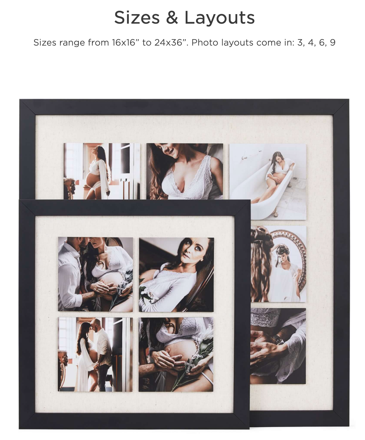 Two black photo frames showing multiple image layout options for wall display.