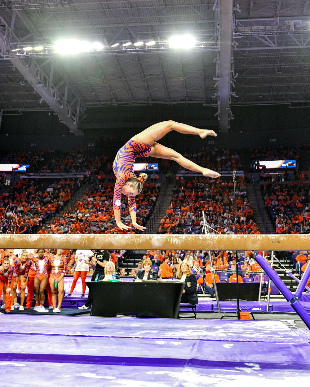 Gymnast executes graceful backbend on balance beam during competitive performance.