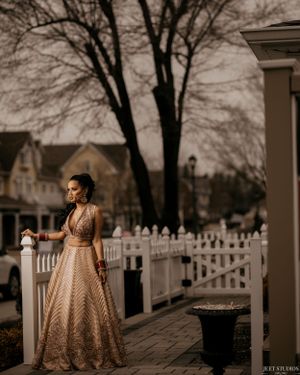 Elegant fashion portrait in gold lehenga against a rustic fence and bare winter trees.