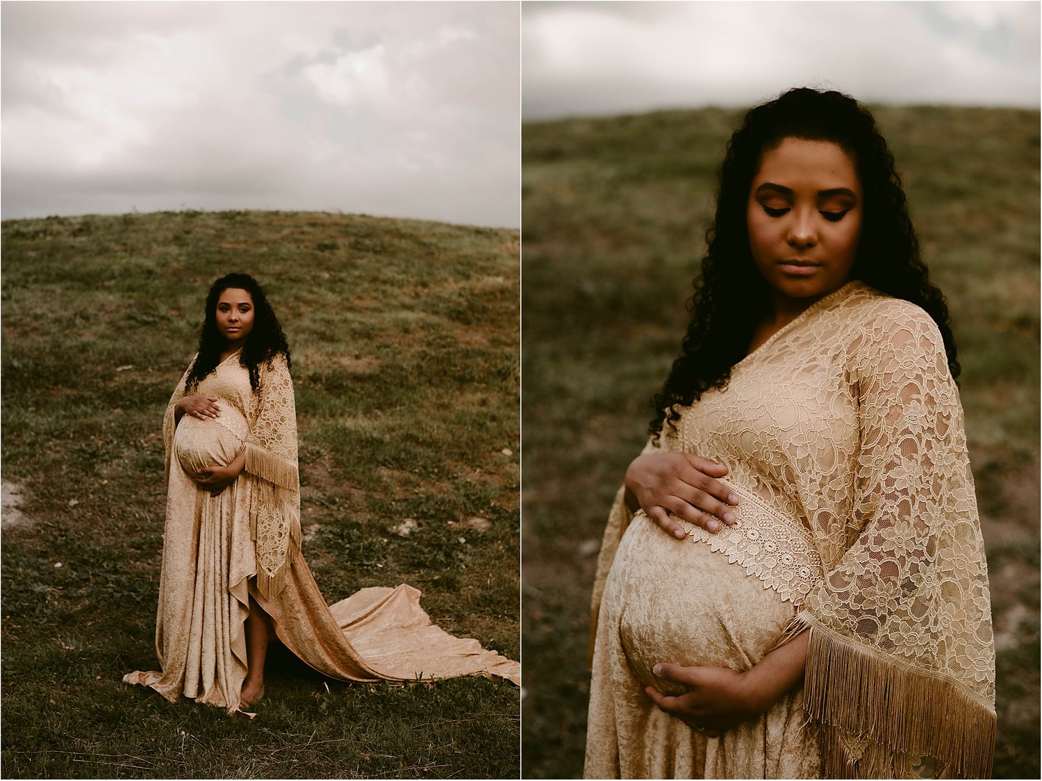 Split maternity photos showing full body and close-up belly shots in lace dress.