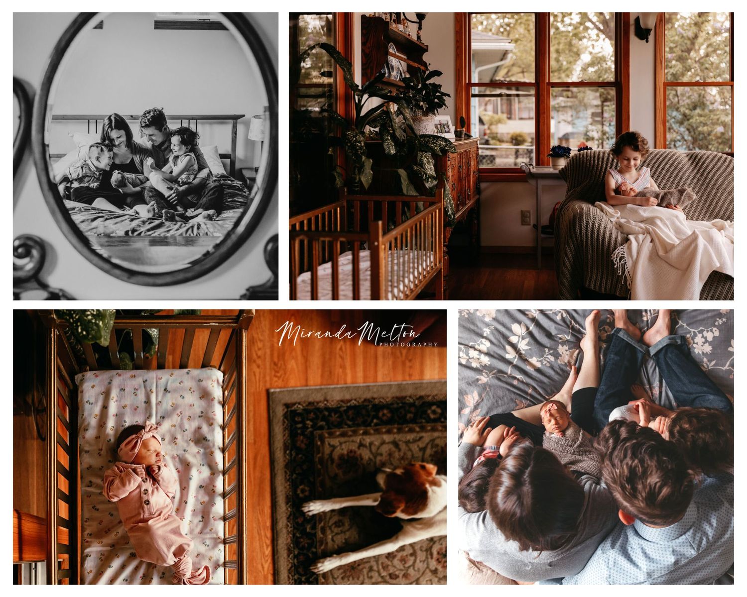 Collage of four lifestyle in-home newborn photos taken for a family temporarily living with Mom's parents