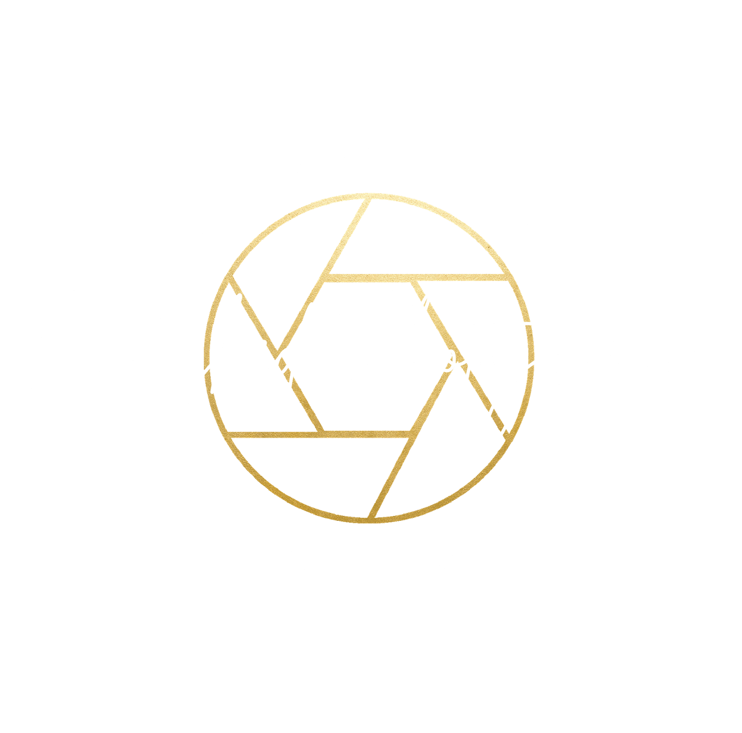 Gold camera aperture shutter logo icon on white background.