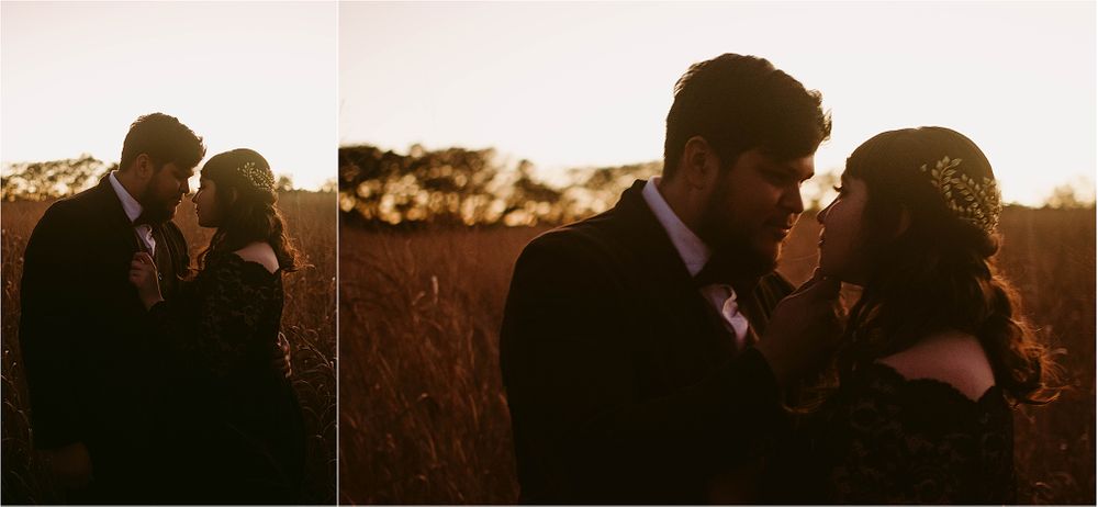 Two intimate silhouetted figures share tender moments in a field during golden hour.