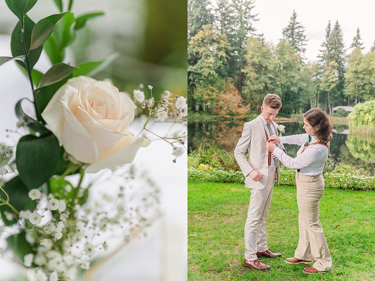 Groom getting dressed and wedding floral details
