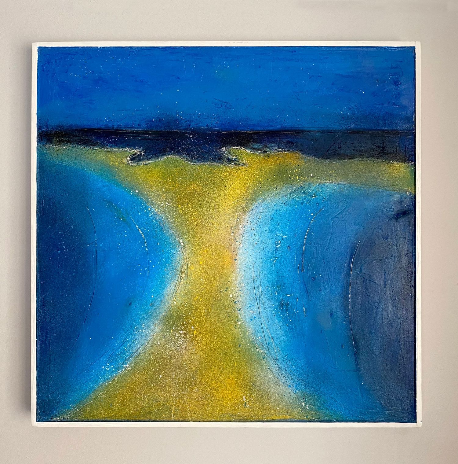 'Sea State VII' mixed media painting on canvas. Blue landscape with a central, yellow beach.
