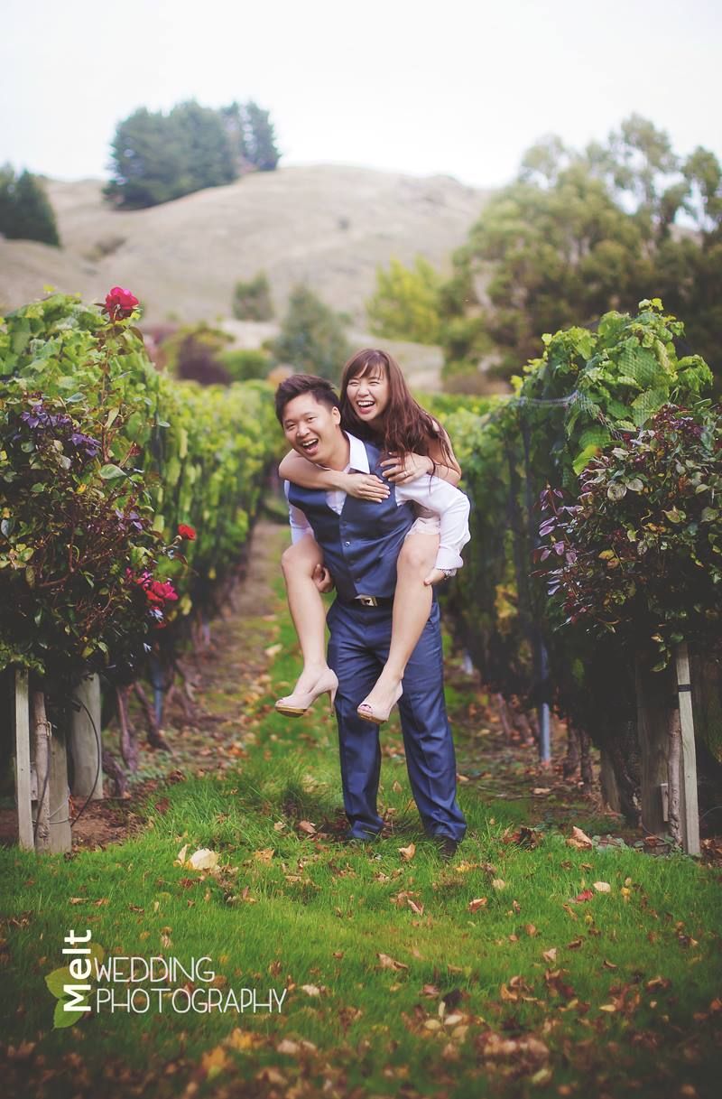 Fun in the vineyard at Stoneridge Estate at Lake Hayes for this lovely couple who came all the way from Singapore