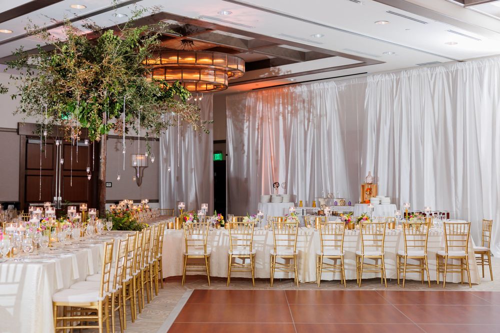 Luxurious wedding reception hall with white draping, gold chiavari chairs and dramatic tree centerpieces.