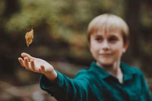 Boy with blonde hair catching a falling leaf in Salida, Colorado.