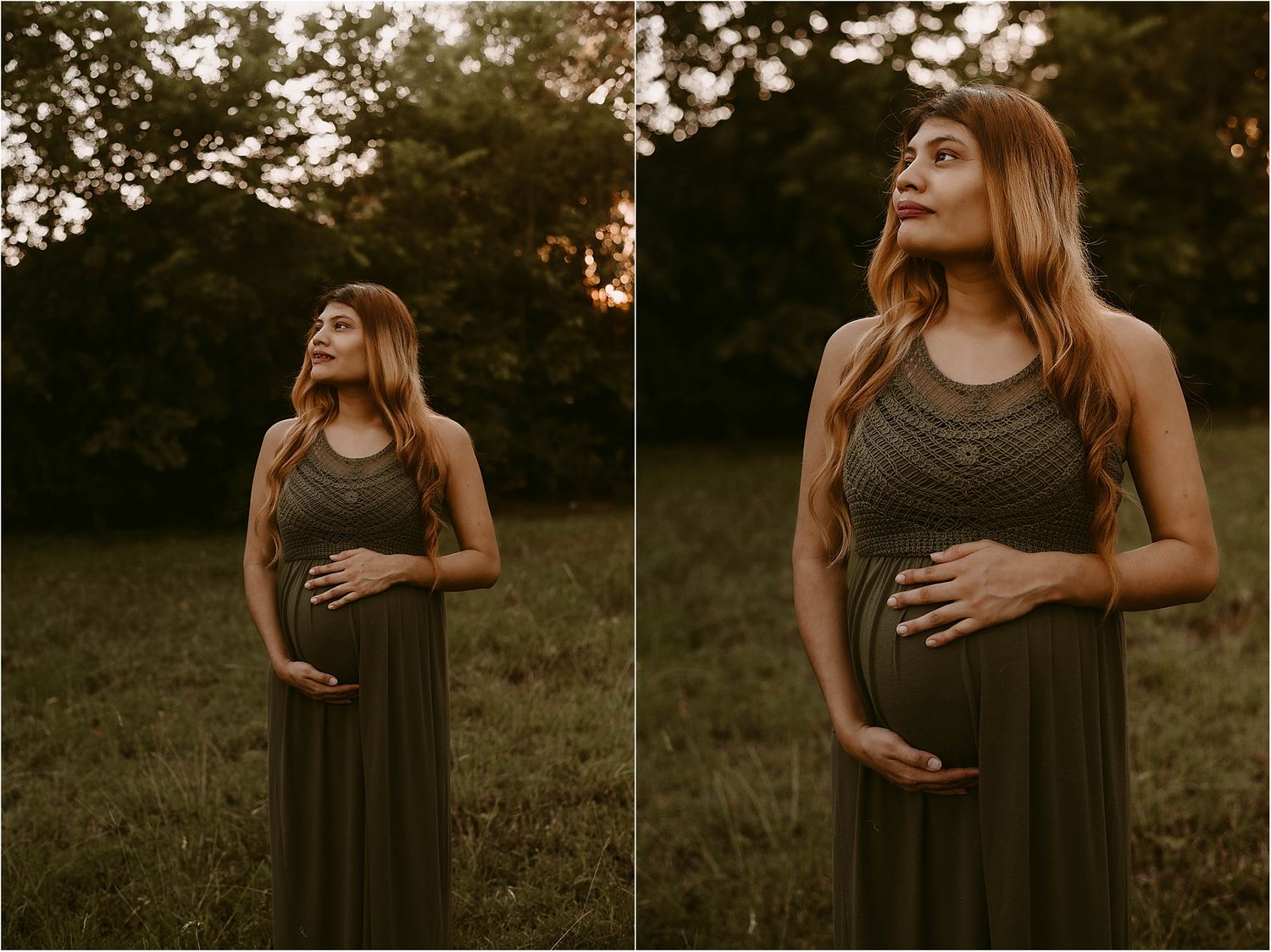 Maternity photo session at sunset showing two poses in an olive green maxi dress against a natural outdoor backdrop.