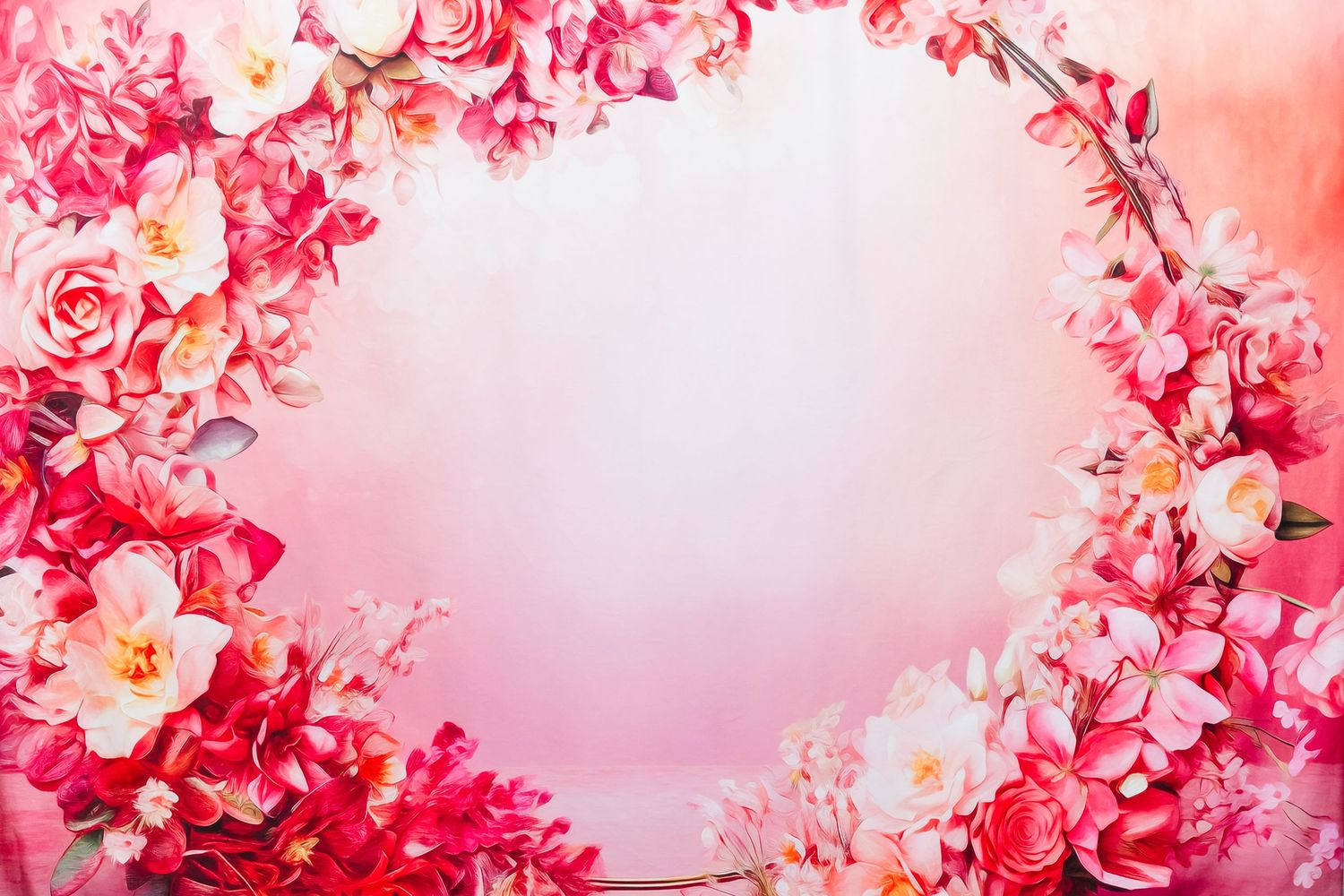Pink roses and floral blooms creating a romantic circular frame border on soft pink background.