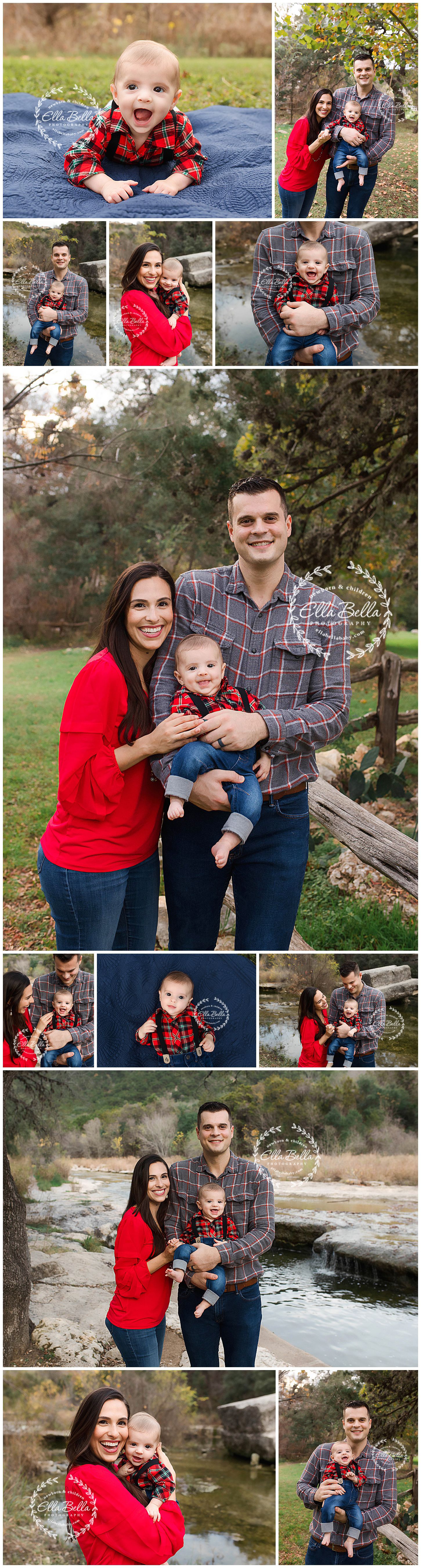 Family outdoor photo session with baby in buffalo plaid by creek during fall season.