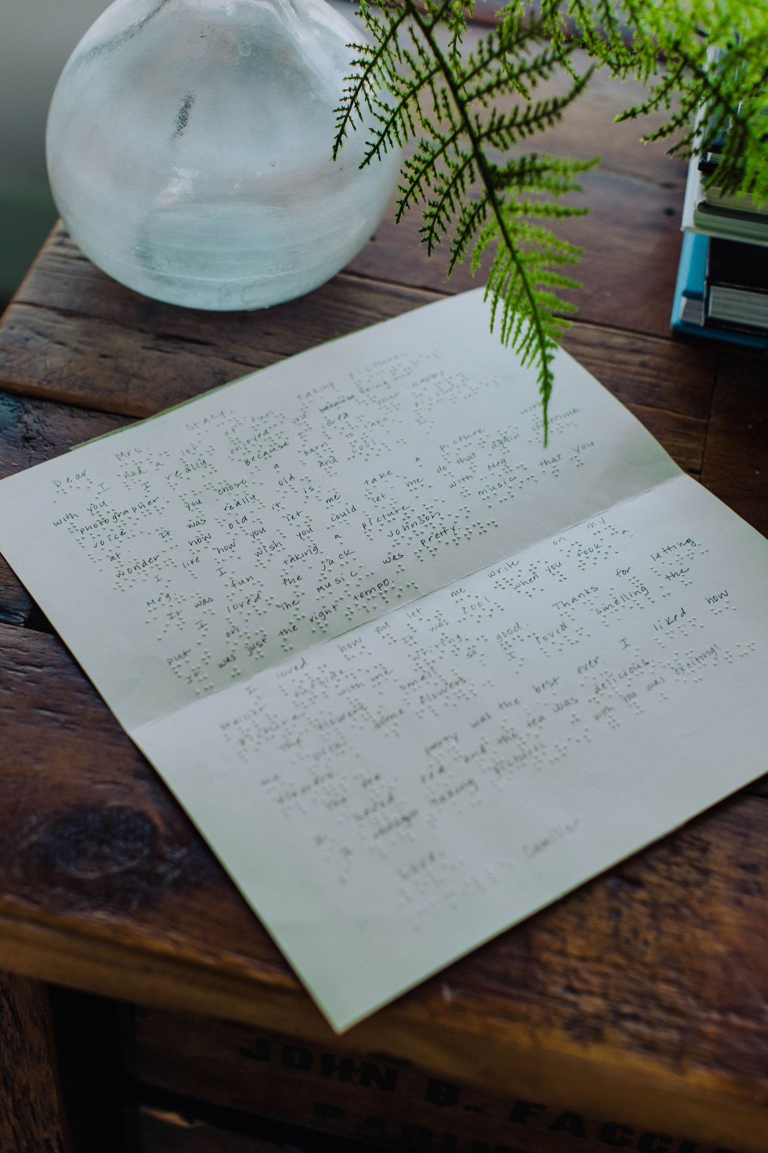Handwritten letter on wooden table with plant decor.