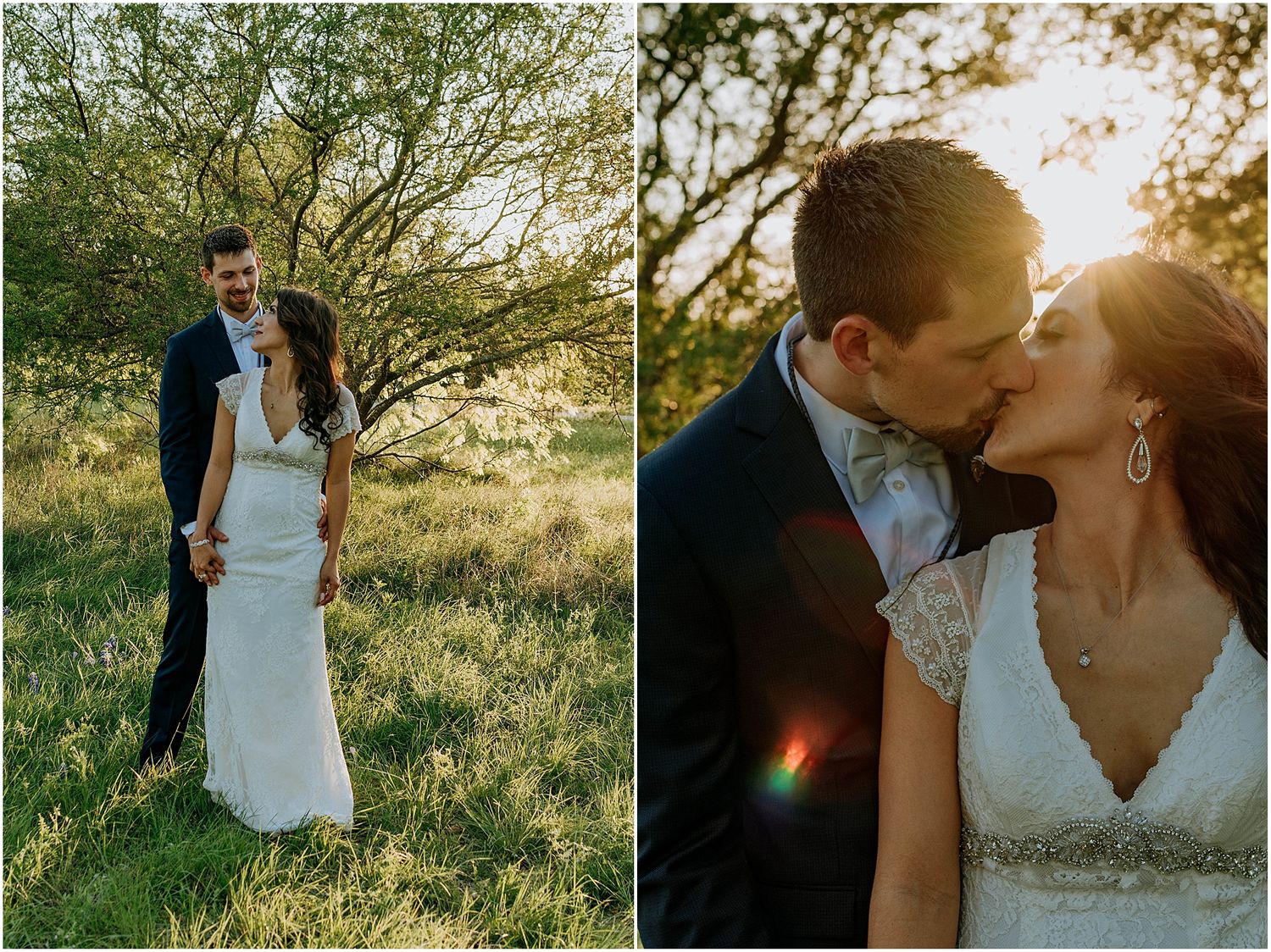 Wedding photography collage featuring romantic outdoor poses in golden sunlight.