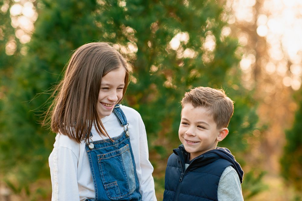 Brother and sister laughing during a tree farm family session.