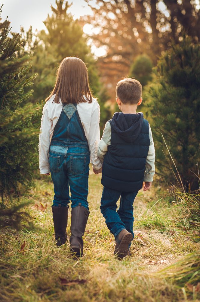 Brother and sister facing away from camera and walking hand in hand.