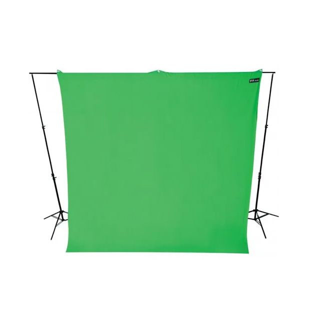 Professional green screen backdrop setup with support stands.