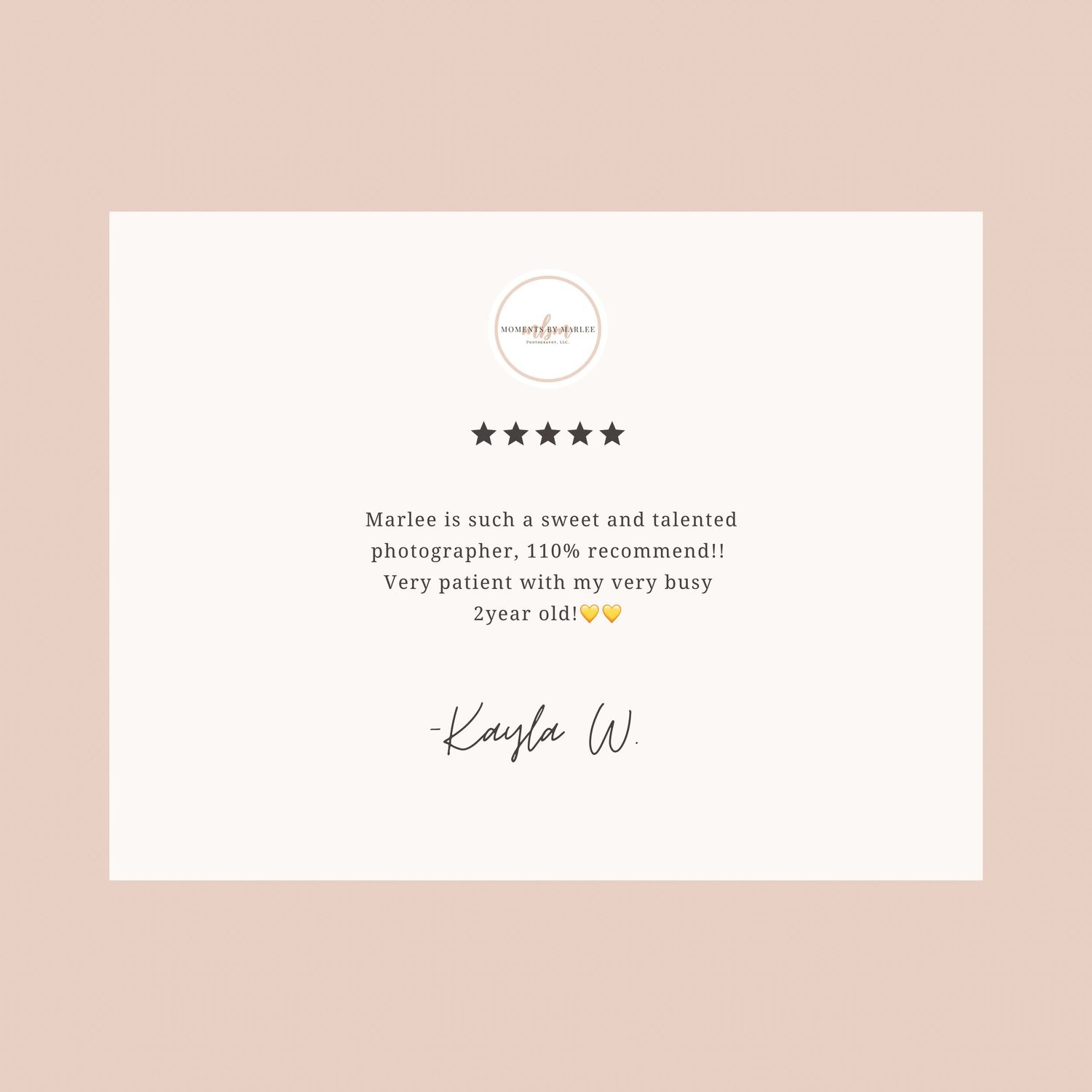 Simple testimonial design with five star rating and brief client review on pink background.