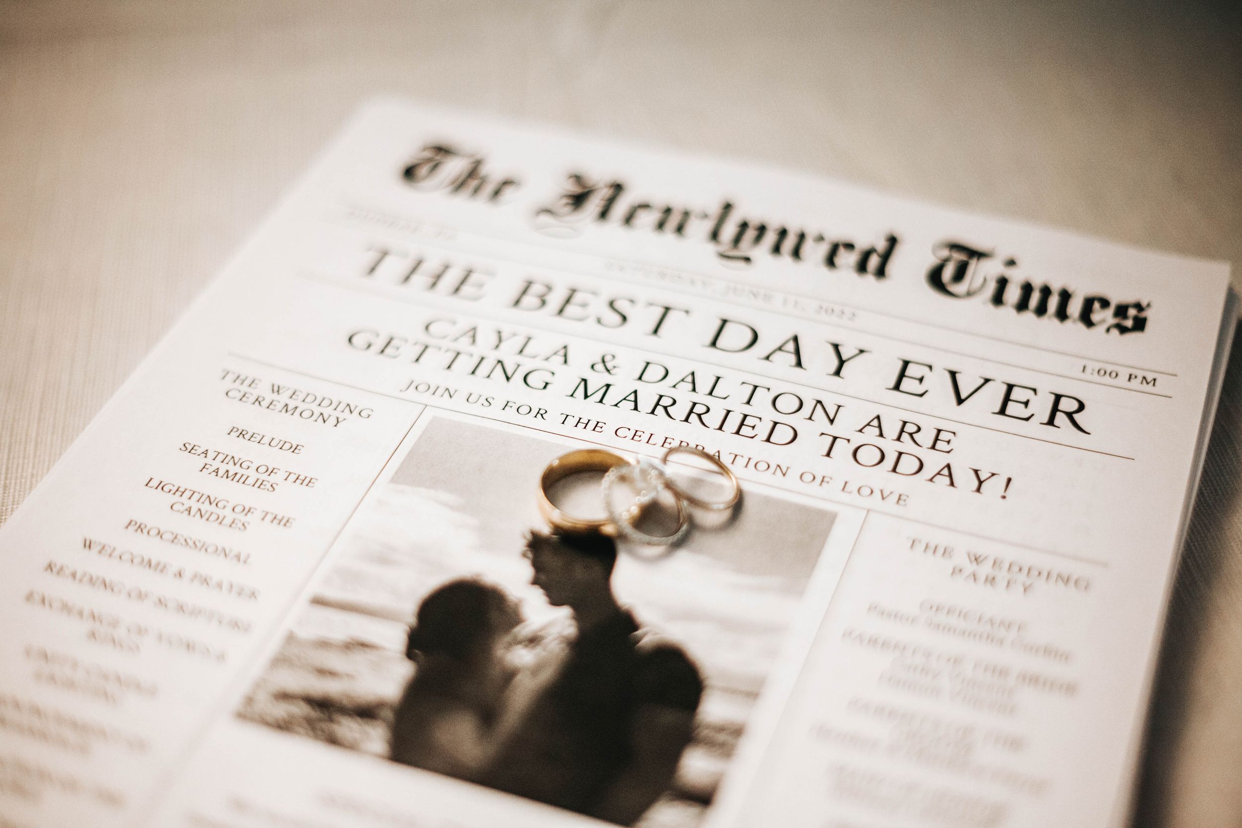 The Newlywed Times wedding newspaper announcing Cayla and Dalton marriage celebration.