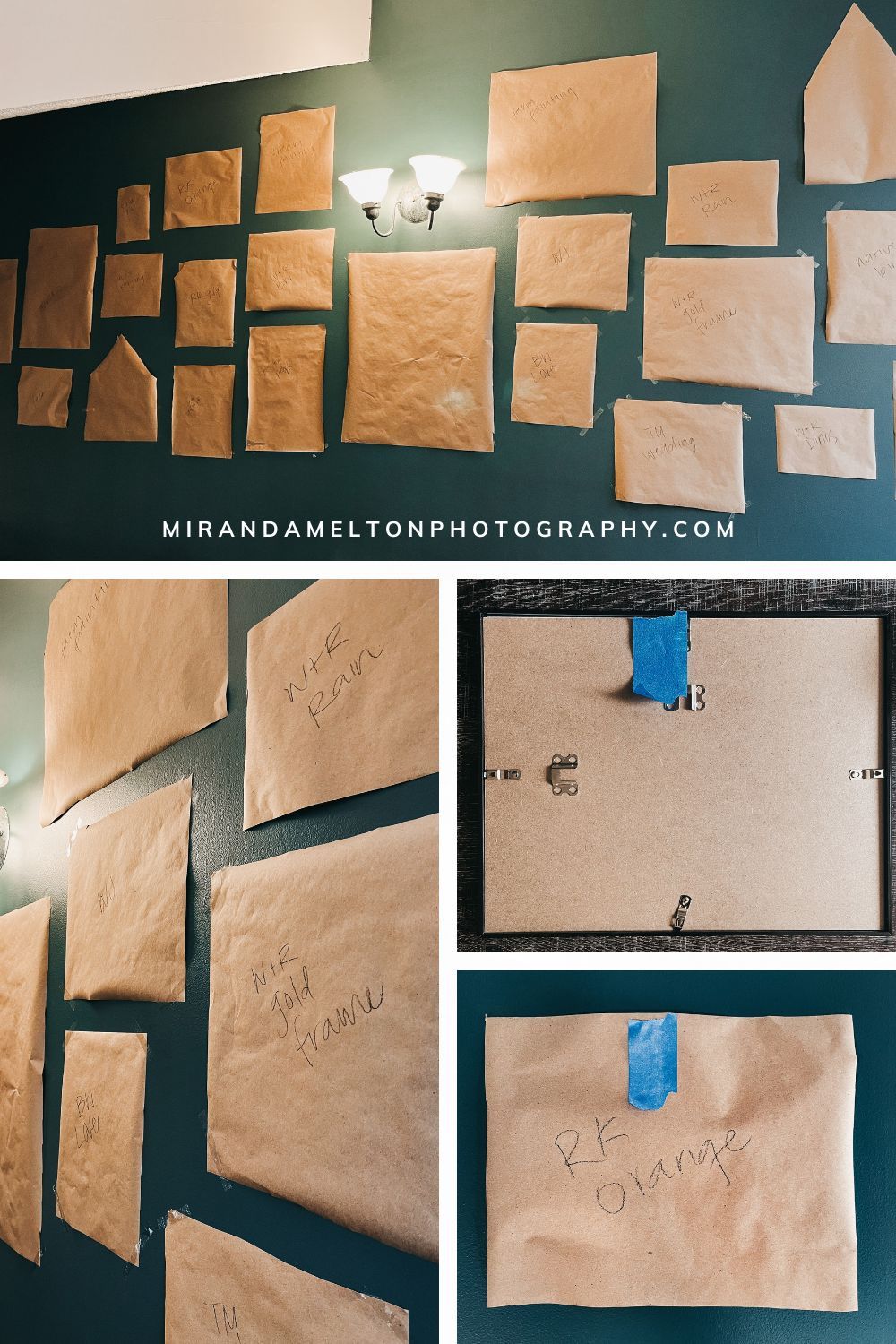 Collage of 4 photos of craft paper cutouts taped to the wall with painter's tape showing how to hang a gallery wall