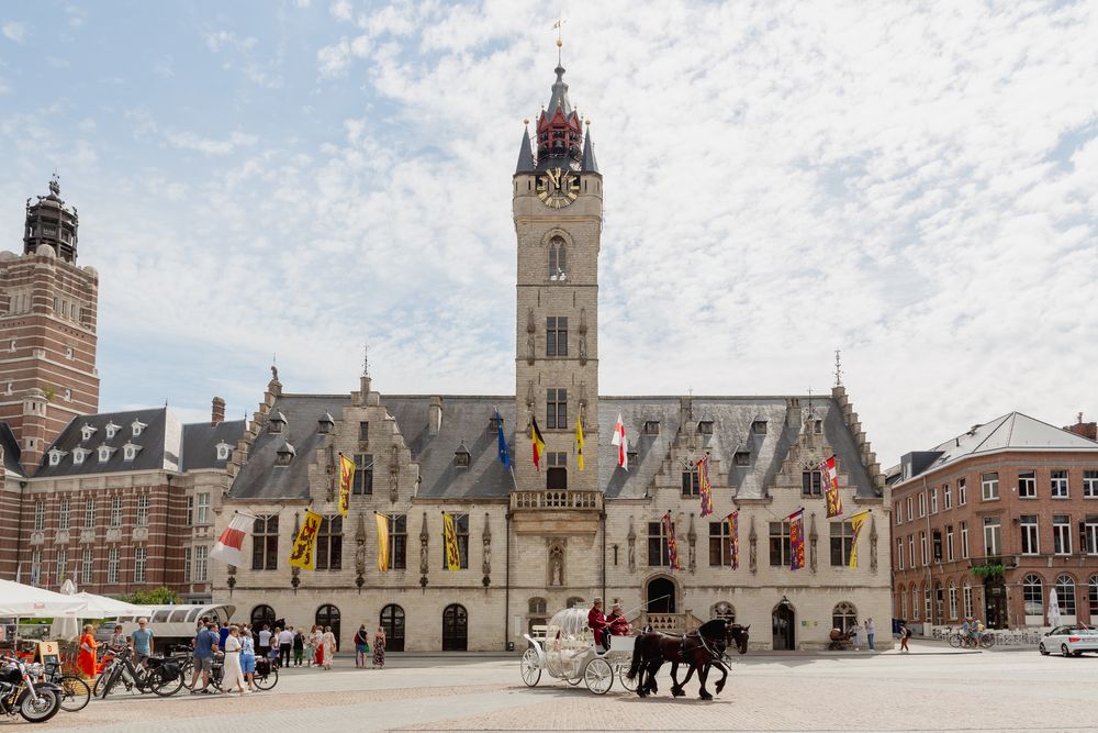 Historic town hall with clock tower in medieval European city square with horse carriage.