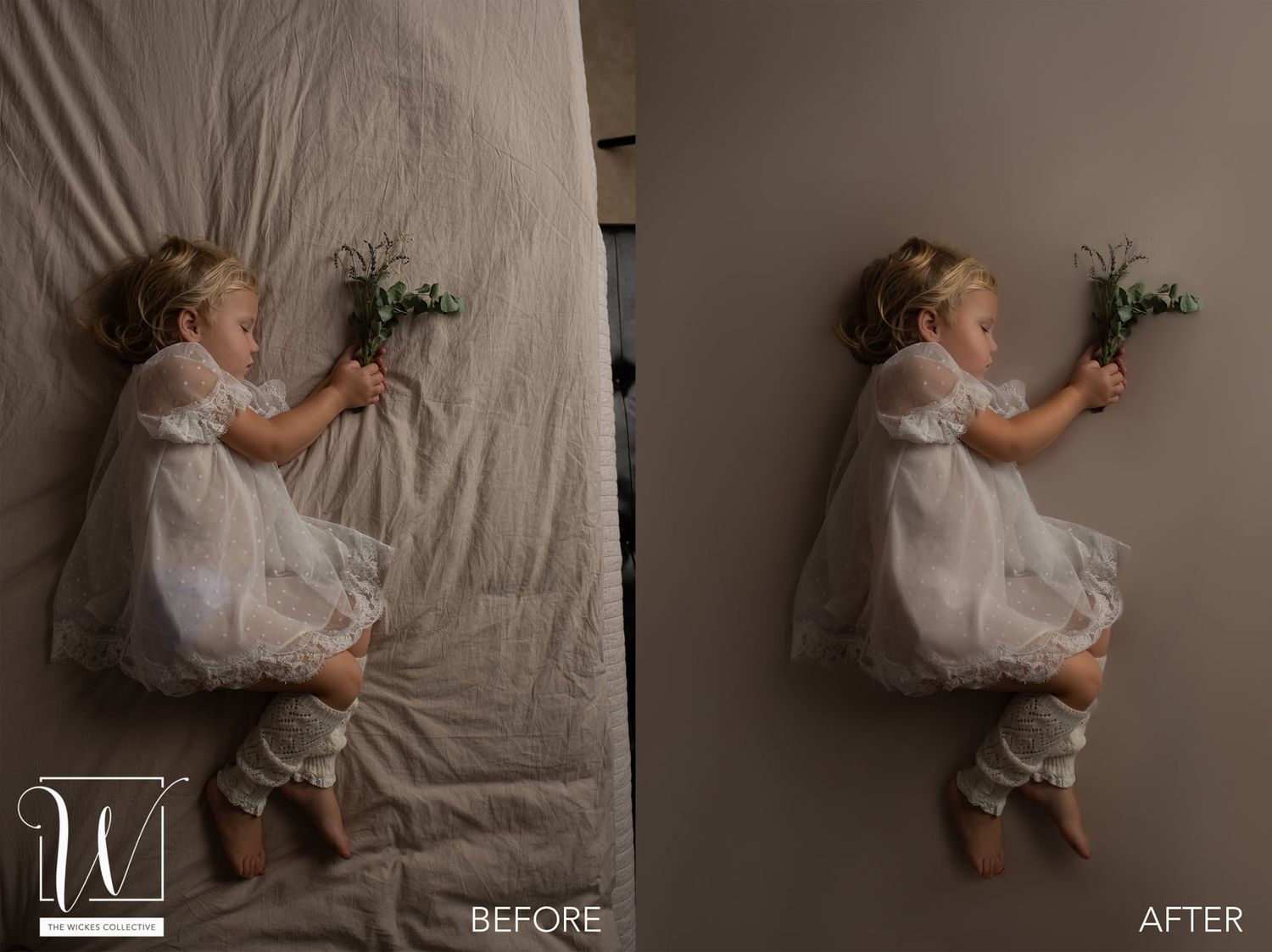 Side-by-side comparison of a girl in a white dress holding flowers, lying on a bed in the "before" image and on a plain floor in the "after"