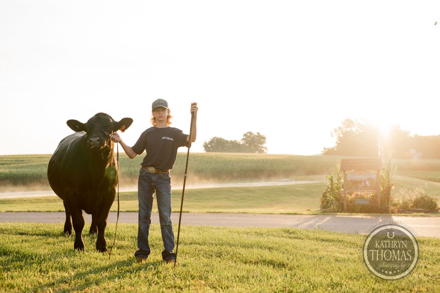 A black show steer and its handler pose in a grassy field at sunset with golden light.