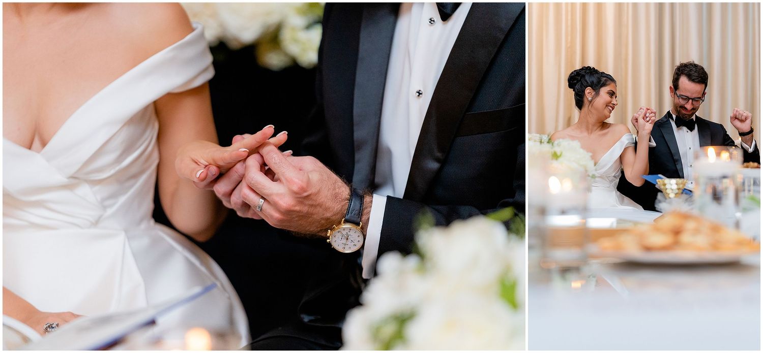 Elegant wedding reception moments captured during dinner and dancing celebrations.